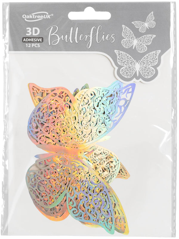 3D Adhesive Butterflies Silver Iridescent - (12 Pack)
