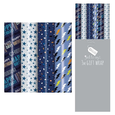 Gift-Wrap Male Designs - ( 3m) in 4 Assorted Designs