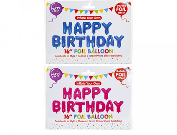 FOIL HAPPY BIRTHDAY BALLOON in 2 ASSORTED COLOURS - (16")