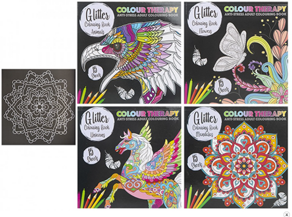 COLOUR THERAPY GLITTER COLOURING IN 4 ASSORTED DESIGNS