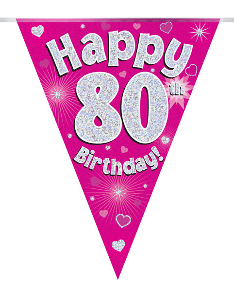 Party Bunting Happy 80th Birthday Pink Holographic 11 flags - ( 3.9m)