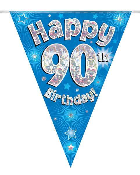 Party Bunting Happy 90th Birthday Blue Holographic 11 flags - (3.9m)