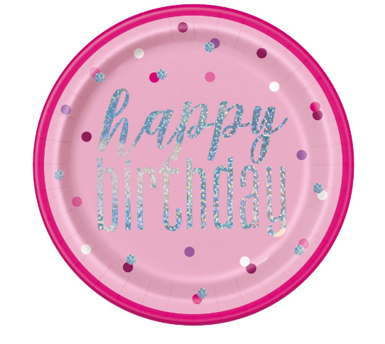 Birthday Pink Glitz Round 9" Dinner Plates - Foil Stamping (8 Pack)