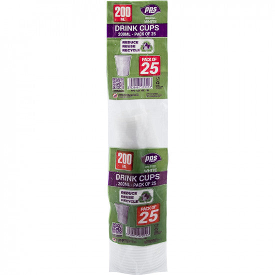 Drink Cups Plastic White (200ml) - (25 Pack)