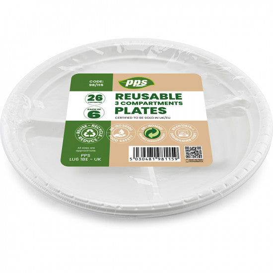 Plates Plastic White 3 Compartments 26cm - (6 Pack)