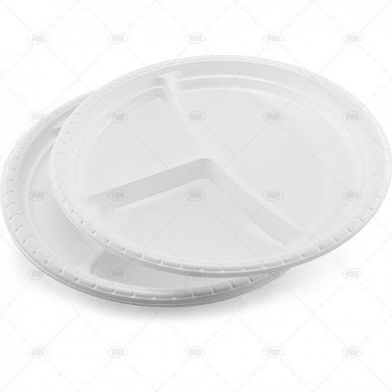 Plates Plastic White 3 Compartments 26cm - (6 Pack)