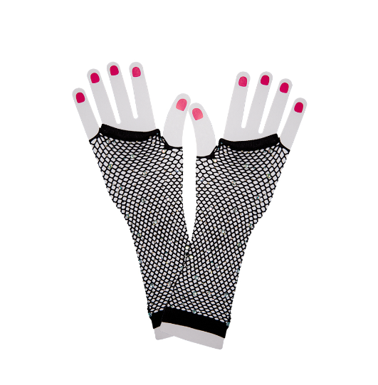 80's Long Net Gloves with Diamantes - Black
