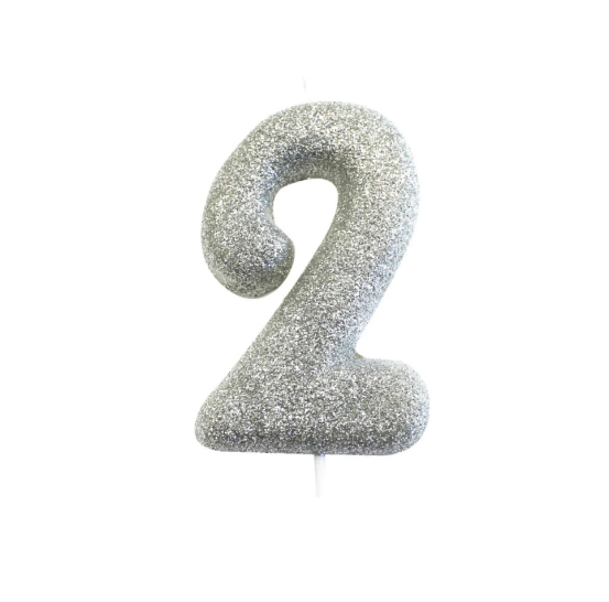 Age 2 Glitter Numeral Moulded Pick Candle Silver