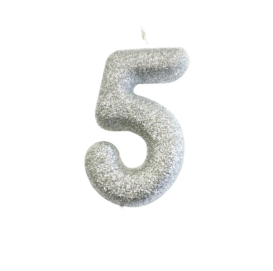 Age 5 Glitter Numeral Moulded Pick Candle Silver