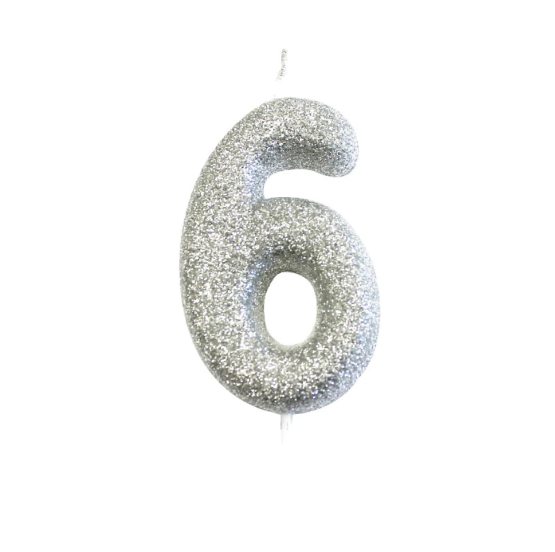 Age 6 Glitter Numeral Moulded Pick Candle Silver