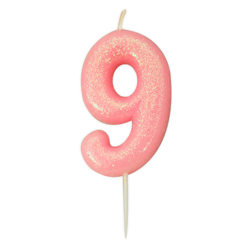 Age 9 Glitter Numeral Moulded Pick Candle Pink