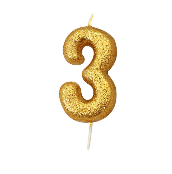 Age 3 Glitter Numeral Moulded Pick Candle Gold