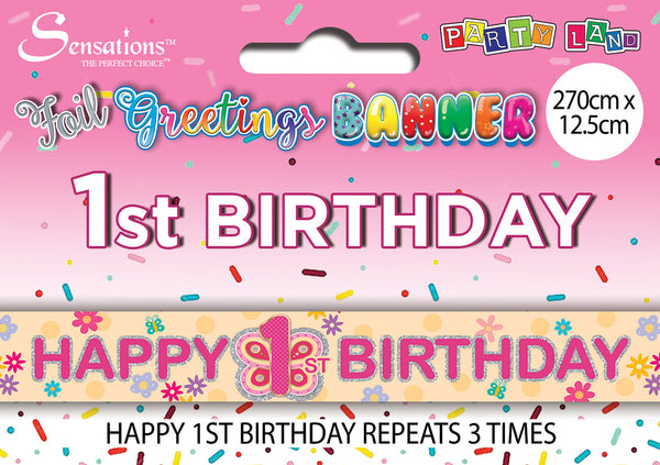Happy 1st Birthday Foil Banners Pink - (270cm x 12.5 cm)
