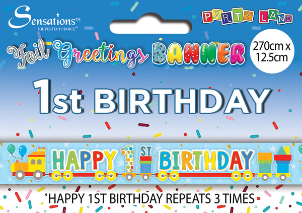 Happy 1st Birthday Foil Banners Blue - (270cm x 12.5 cm)