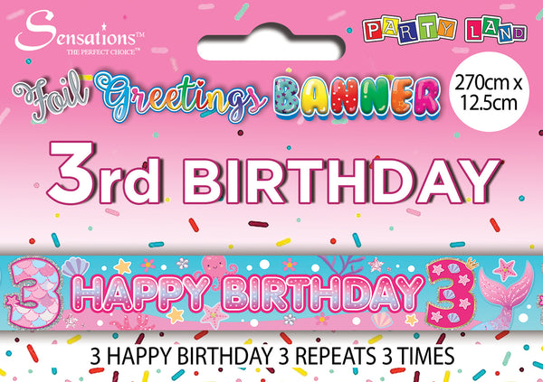 Happy 3rd Birthday Foil Banners Pink - (270cm x 12.5 cm)