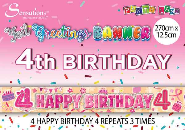 Happy 4th Birthday Foil Banners Pink - (270cm x 12.5 cm)