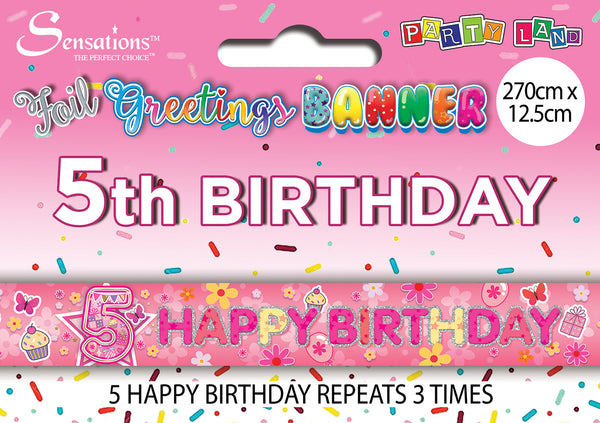 Happy 5th Birthday Foil Banners Pink - (270cm x 12.5 cm)