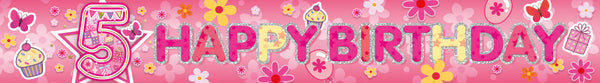Happy 5th Birthday Foil Banners Pink - (270cm x 12.5 cm)