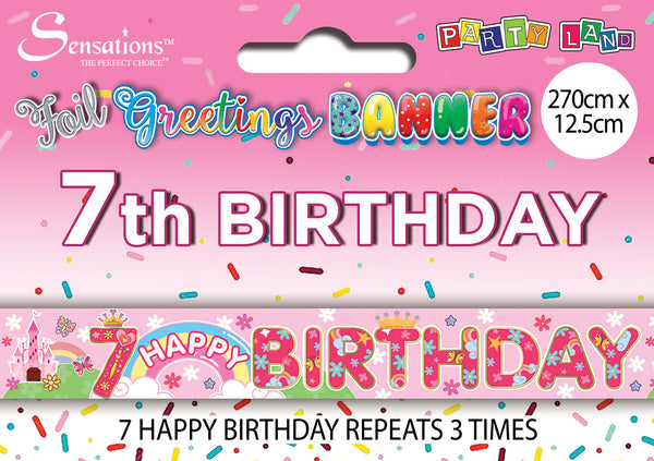 Happy 7th Birthday Foil Banners Pink - (270cm x 12.5 cm)