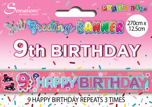 Happy 9th Birthday Foil Banners Pink - (270cm x 12.5 cm)