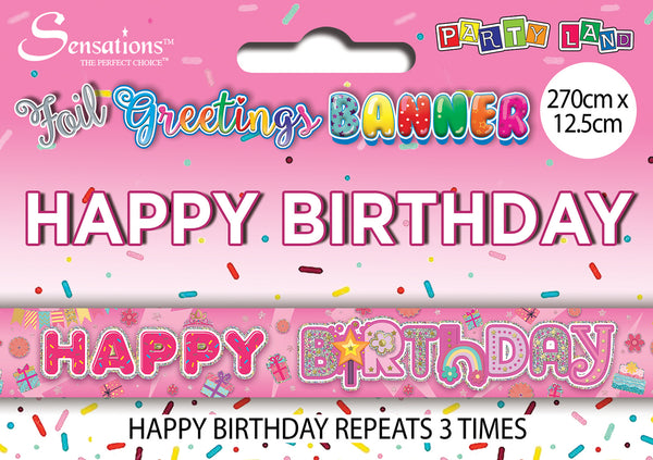 Happy Birthday Foil Banners Pink - (270cm x 12.5 cm)