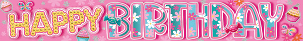Happy Birthday Foil Banners Flowers Pink - (270cm x 12.5 cm)