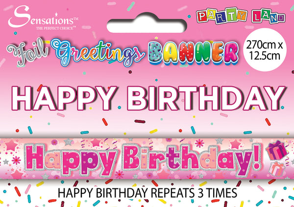 Happy Birthday Foil Banners Stars Pink - (270cm x 12.5 cm)