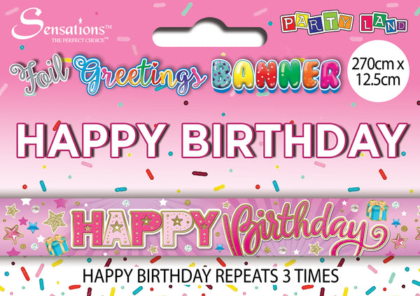 Happy Birthday Foil Banners Pink - (270cm x 12.5 cm)