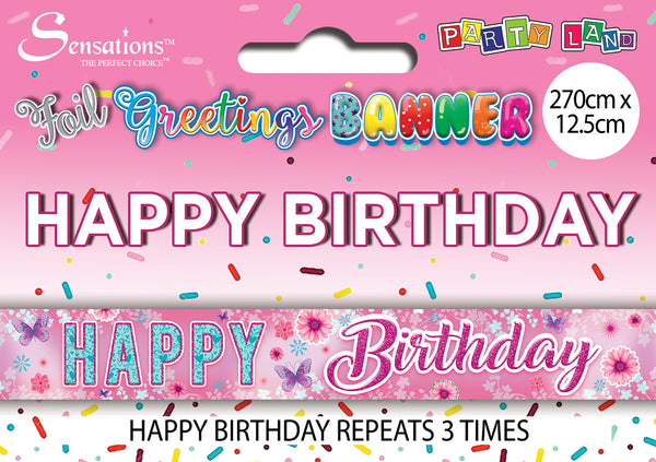 Happy Birthday Foil Banners Butterfly Pink - (270cm x 12.5 cm)