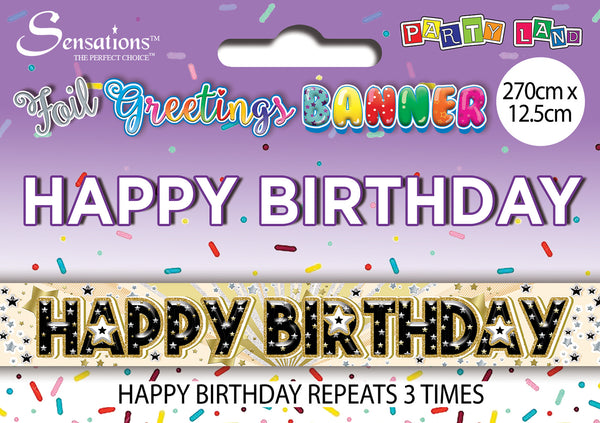 Happy Birthday Foil Banners Gold and Black - (270cm x 12.5 cm)