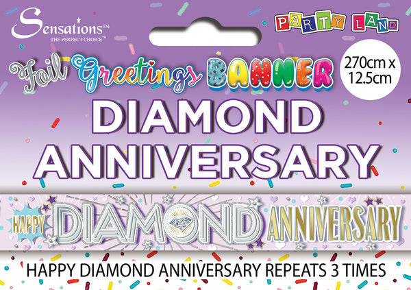 Happy Diamond Anniversary Foil Banners - (270cm x 12.5 cm)
