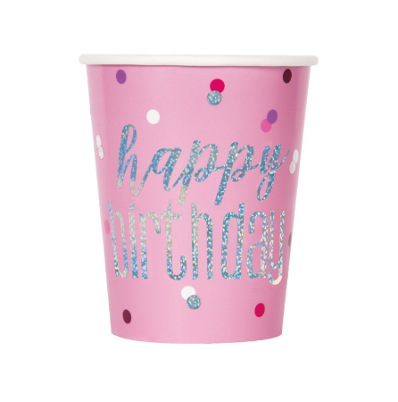 Birthday Glitz Pink Happy Birthday Prismatic Foil 9oz Paper Cups - (8 Pack)