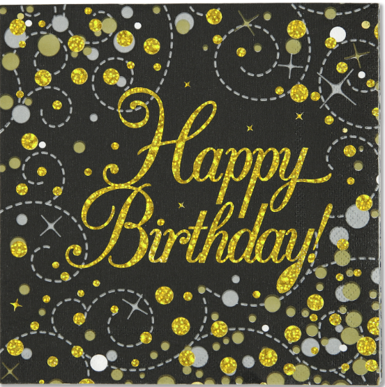 Oaktree Happy Birthday Sparkling Fizz Black & Gold 3-ply - (33cm x 33cm)3-ply