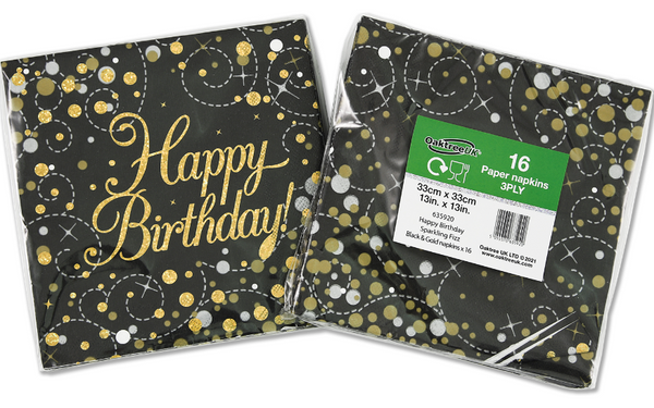 Oaktree Happy Birthday Sparkling Fizz Black & Gold 3-ply - (33cm x 33cm)3-ply