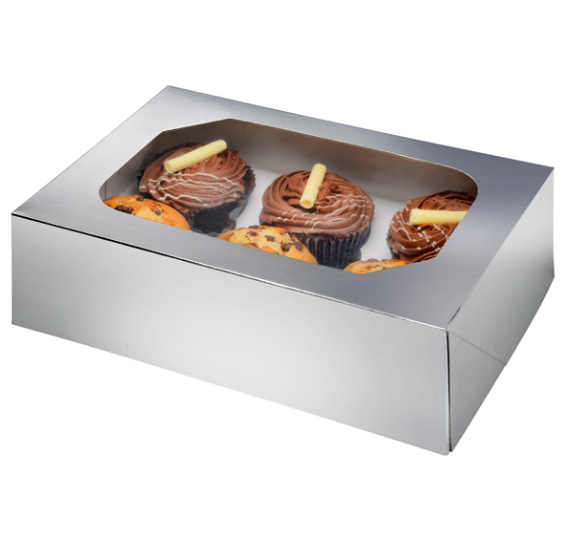 6 PIECE CUPCAKE/MUFFIN BOX GLOSSY SILVER - ( 240x165x75mm)