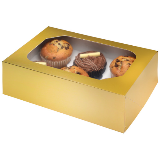 6 PIECE CUPCAKE/MUFFIN BOX GLOSSY GOLD - ( 240x165x75mm)