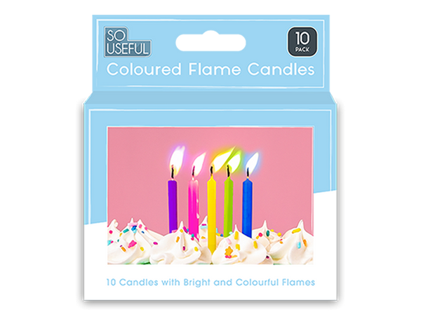 Coloured Flame Party Candles With Clip Strip - (10 Pack)