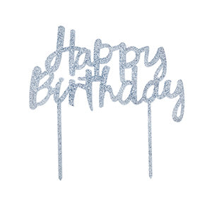 SILVER ACRYLIC 'HAPPY BIRTHDAY' CAKE TOPPER - (130x130mm)