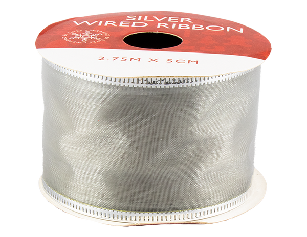 Silver Christmas Wired Ribbon - (5cm x 2.75m)