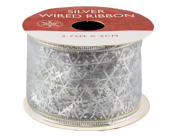 Silver Christmas Wired Ribbon - (5cm x 2.75m)