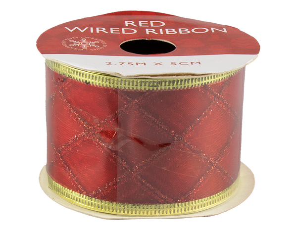 Red Christmas Wired Ribbon - (5cm x 2.75m)