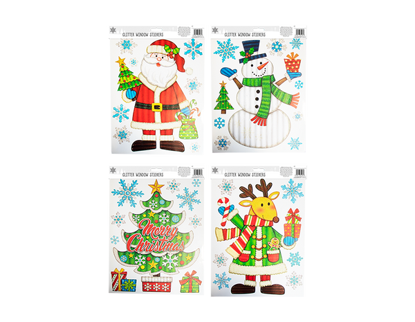 Xmas Figures Glitter Finish Window Stickers in 4 Assorted Designs