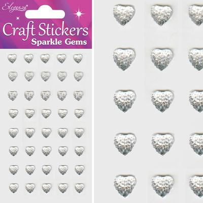 Stickers Sparkle Gem Hearts Clear/Silver No.43 - 40 Pack (8mm)