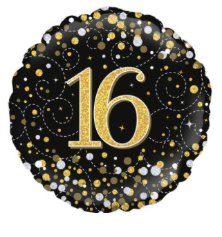 16th Sparkling Fizz Birthday Black & Gold Holographic Foil Balloon (18inch )
