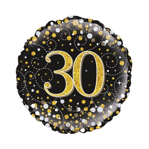 30th Sparkling Fizz Birthday Black & Gold Holographic (18inch)