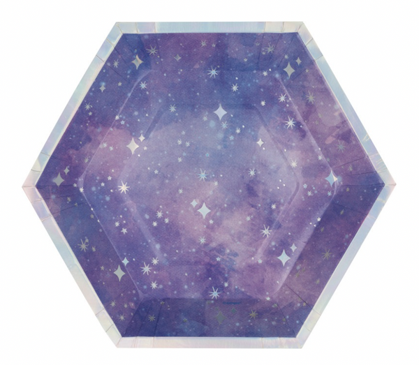 Purple Galaxy Hexagon Shaped 9.25" Plates Iridescent Foil Stamping - (8 Pack)