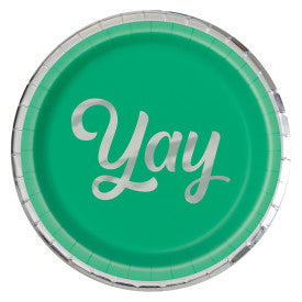 Silver & Bright "Yay" Round 7" Dessert Plates Foil Stamping - (8 Pack)