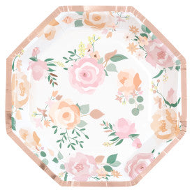 Pink Blooms Octagon Shaped 8.25" Plates Foil Stamping - (8 Pack)