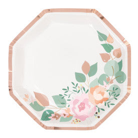 Pink Blooms Octagon Shaped 9.25" Plates Foil Stamping - (8 Pack)