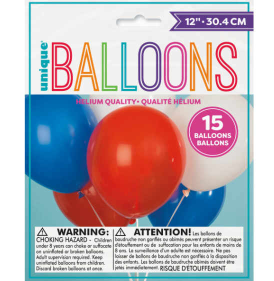 Red White & Blue Assorted 12" Latex Balloons (15 Pack)